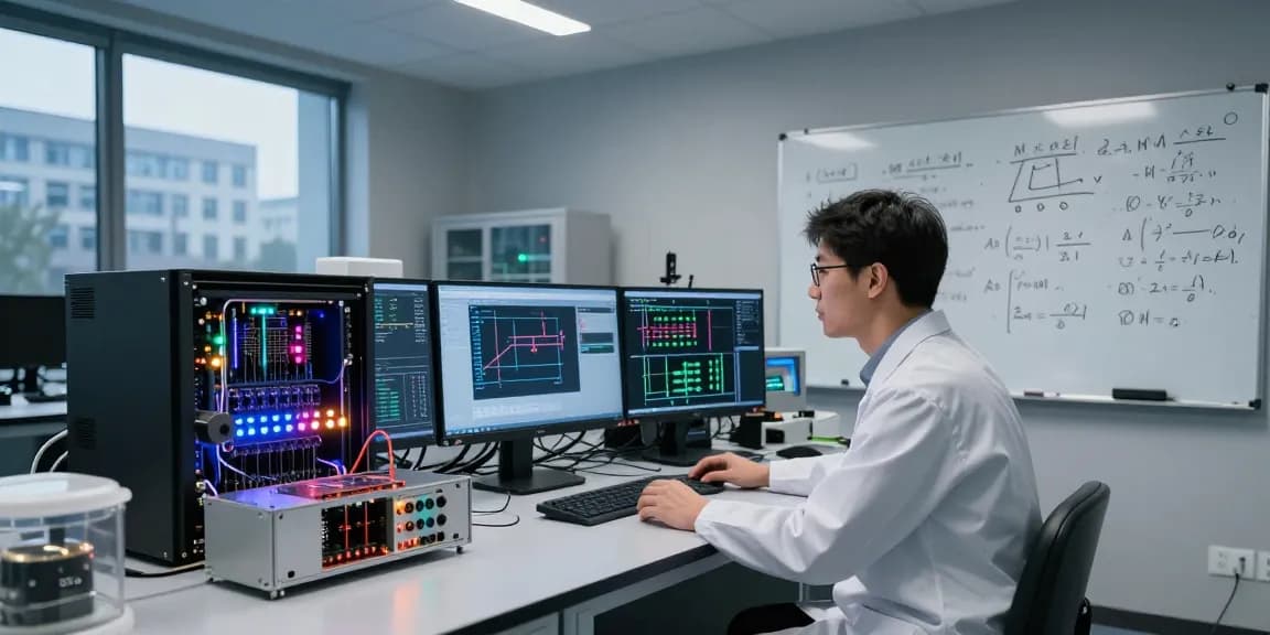 Scientist observing quantum computing equipment with screens displaying algorithms and qubit states.