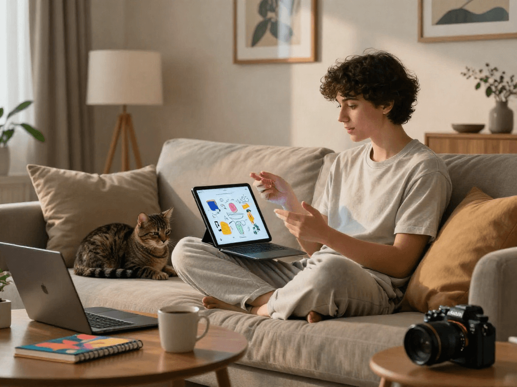 User engaged in nsfw ai chat with an interactive AI chatbot in a cozy home setting.
