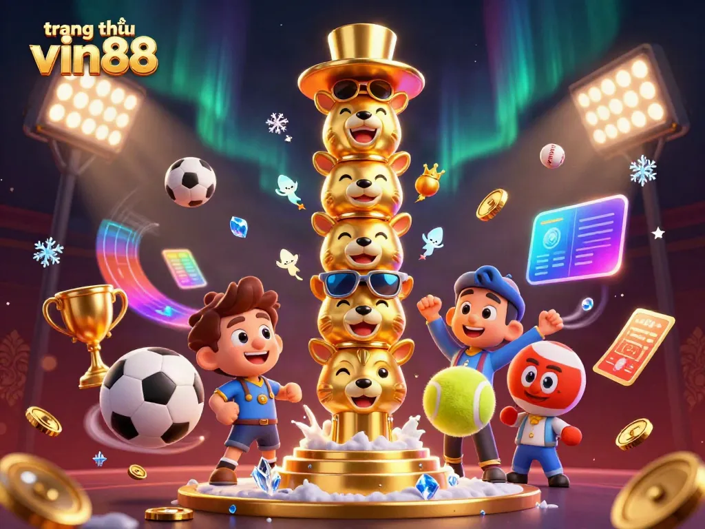 Win big at the trang chủ vin88, featuring dynamic sports elements and a golden totem celebrating gaming.