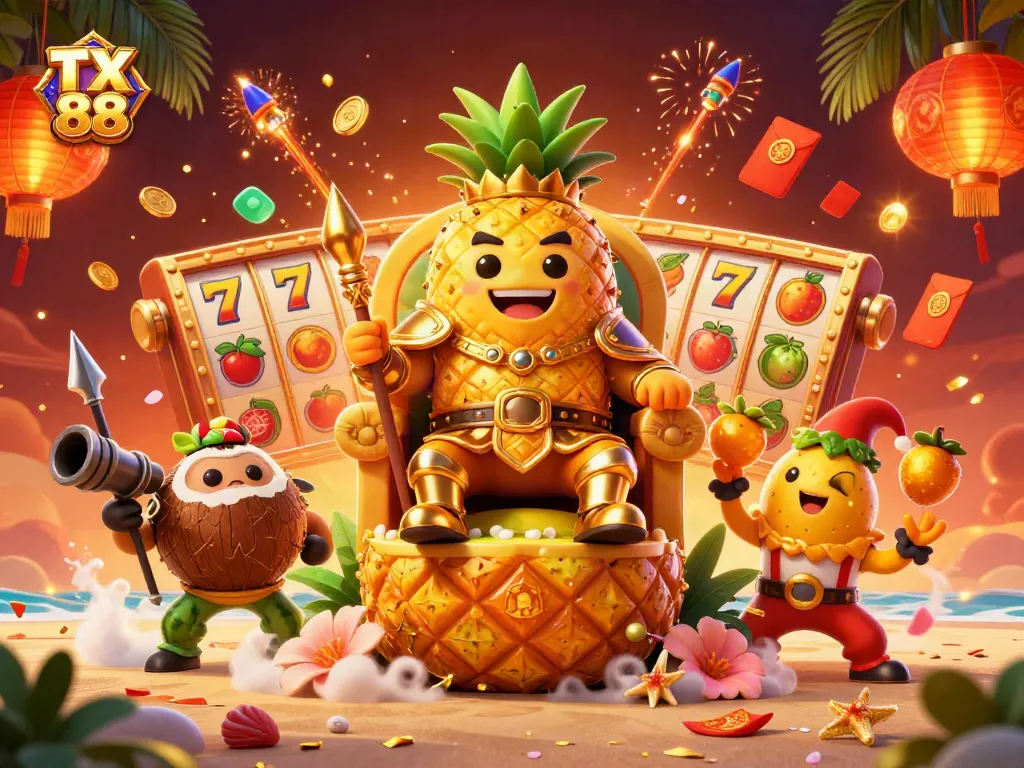 Join the golden pineapple king at TX 88 casino as he spins the lucky slot reels.