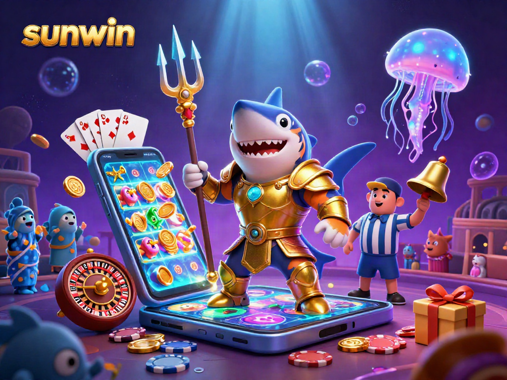 Engage with sunwin's vibrant underwater casino scene featuring a tiger shark gladiator amidst thrilling games.