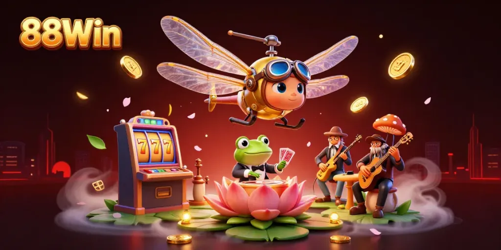Experience 88Win's vibrant gaming world with a dragonfly pilot and frog croupier in a lively casino scene.