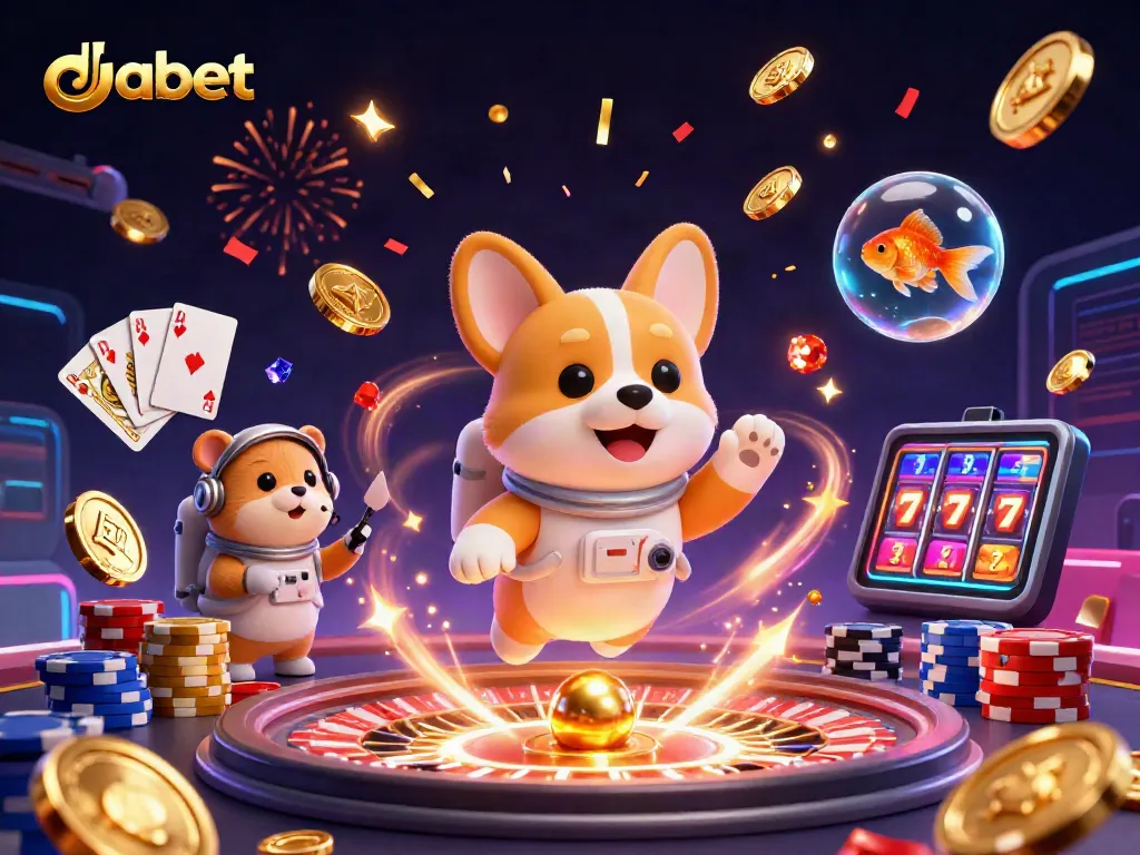 Engage with dabet's dynamic casino adventures featuring a floating corgi astronaut in a space casino.