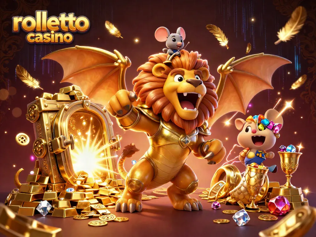 Engaging rolletto casino scene featuring a triumphant chimera and a mouse jockey amid treasures and neon effects.
