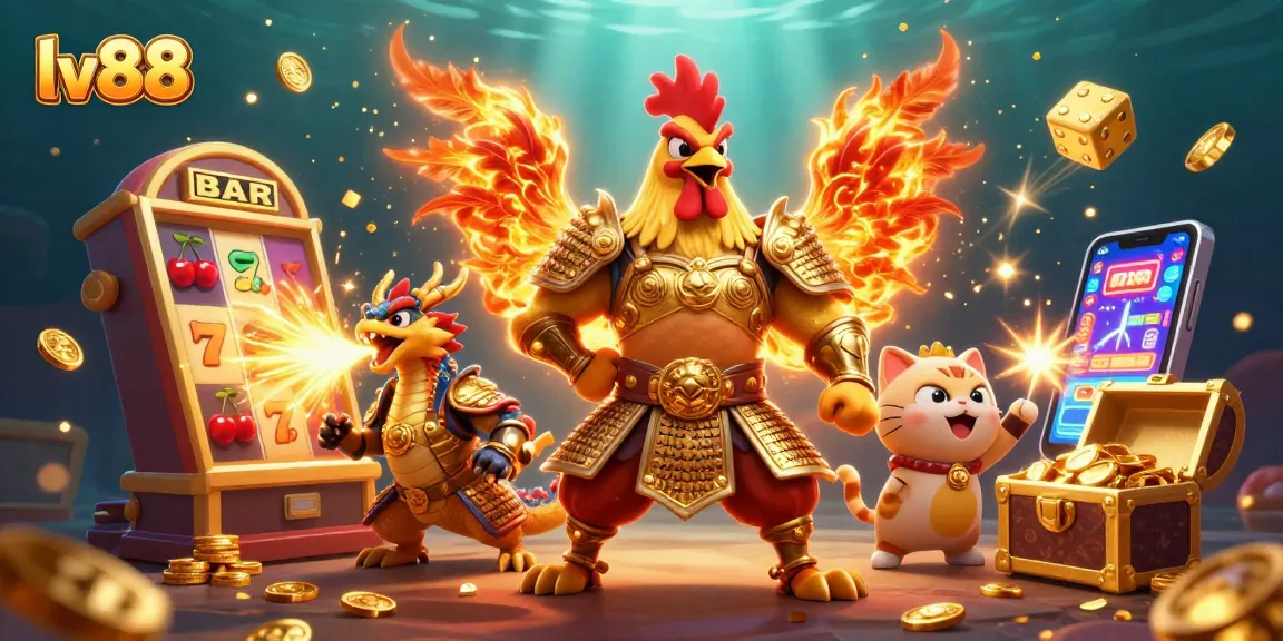Experience the thrill of lv88 with an explosive jackpot scene featuring a winning rooster warrior and vibrant casino elements.