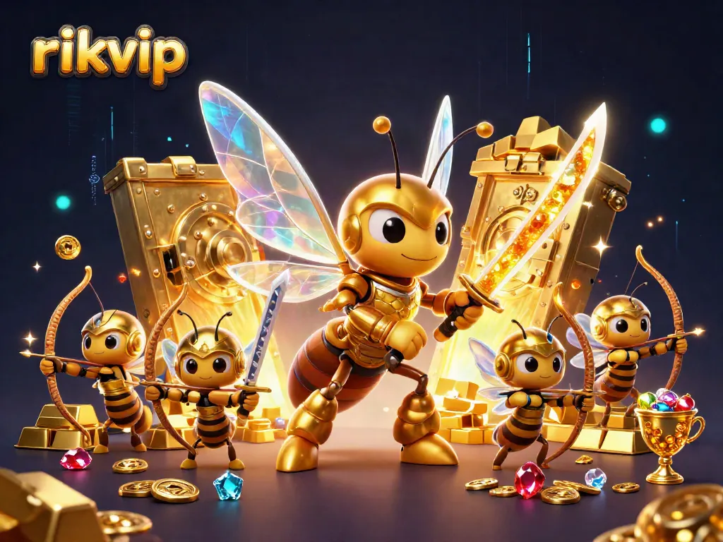 Engage with rikvip casino fun featuring a giant hornet and treasure action in this vibrant 3D illustration.