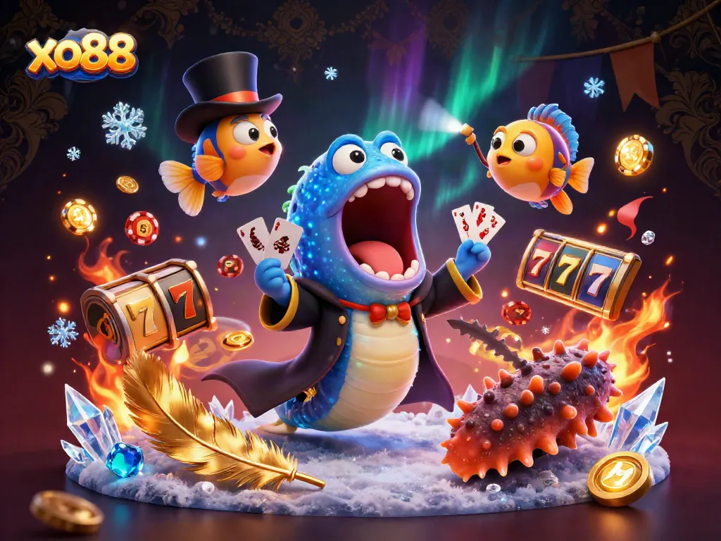 Experience exciting card tricks at xo88 with a performing gulper eel and anglerfish in a vibrant underwater scene.