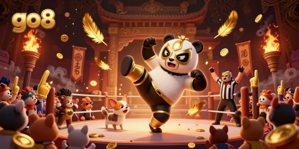Engaging go8 gaming scene with animated panda wrestler flying kick, fun animal crowd, and casino motifs.