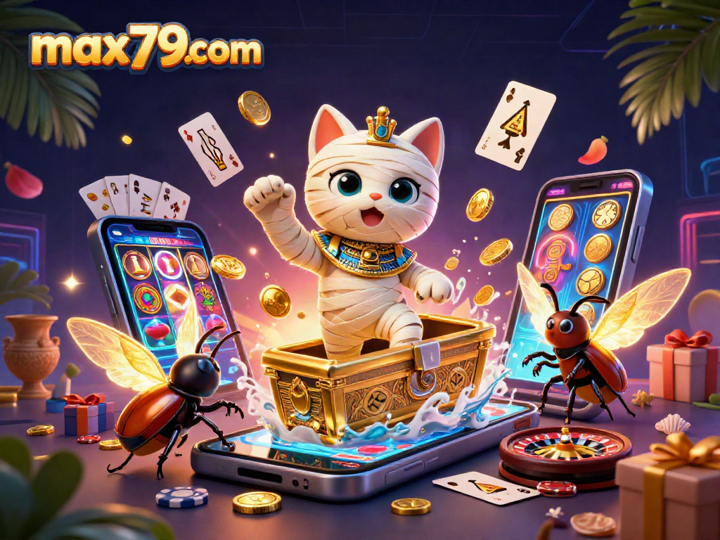 Engage with max79com's vibrant casino scene featuring a mummy cat, colorful slot game, and more!