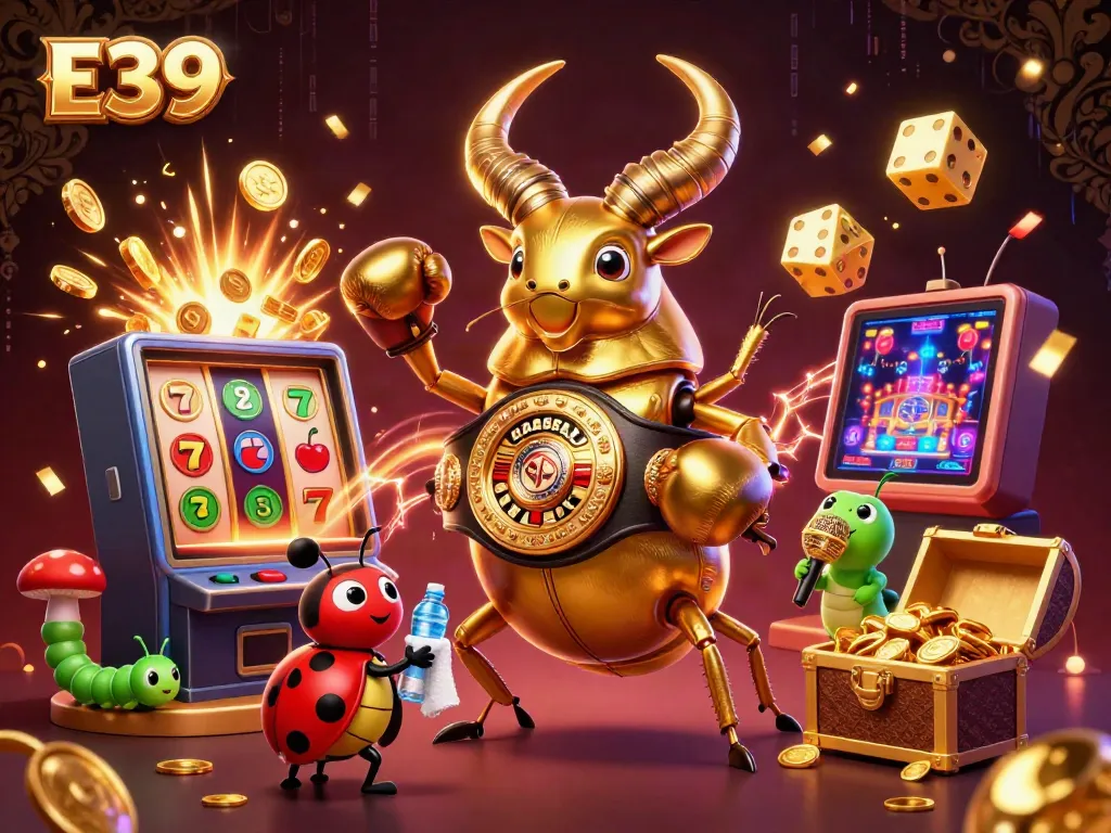 Experience thrilling gameplay at E39 with a 3D illustration featuring iconic characters and casino elements.