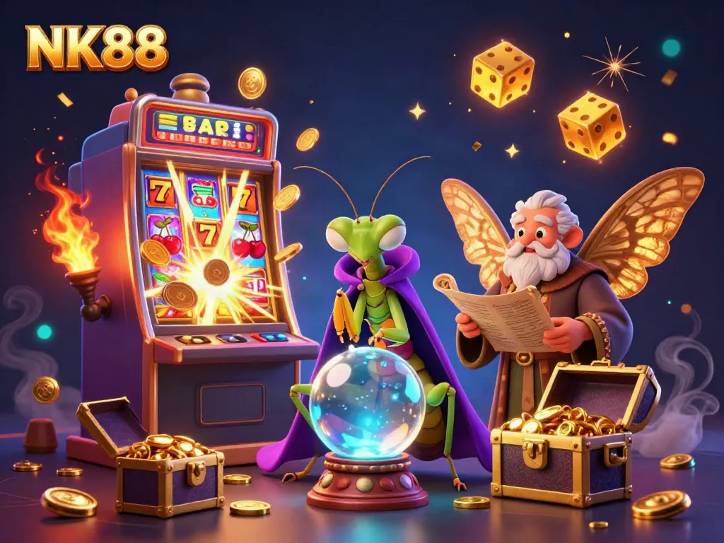 Experience thrilling winnings with NK88's vibrant casino adventure, featuring excited characters and gameplay elements.