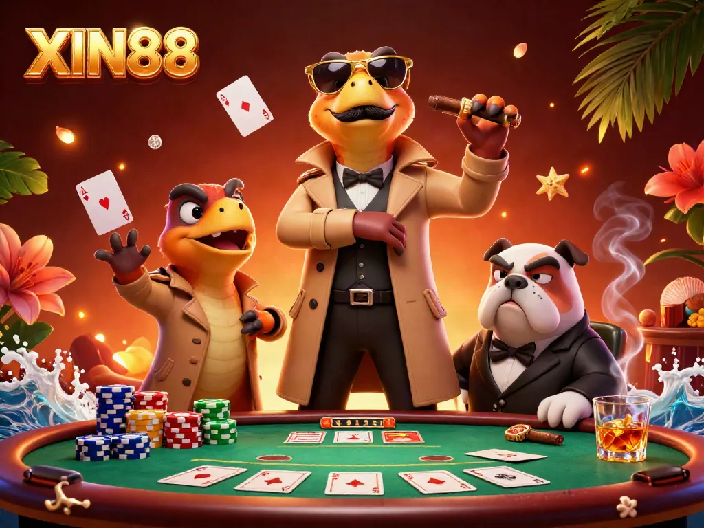 XIN88's vibrant casino scene featuring cartoon raptors in disguise with poker elements.