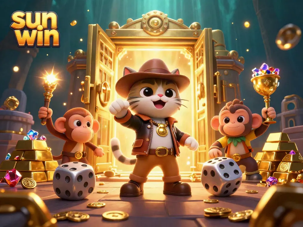Experience the thrill of sun win gaming with vibrant treasures and dynamic 3D characters in an immersive scene.