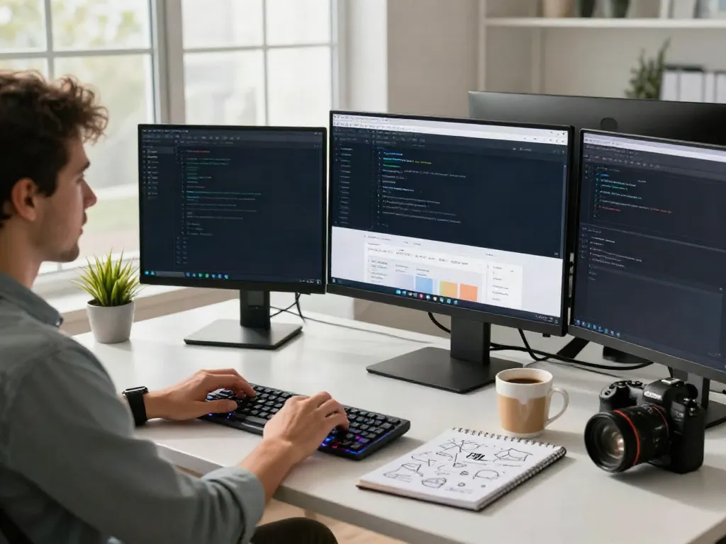 Developer using instant indexing strategies at a modern desk surrounded by tech tools.
