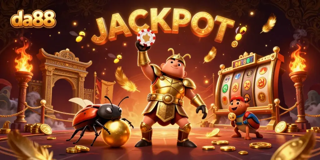 Experience da88 casino action with a heroic beetle character lifting a poker chip in victory over vibrant slot elements.