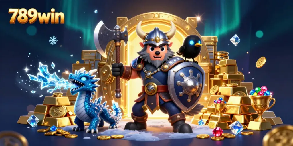 Win in style with 789win's captivating illustration of a Viking wolf warrior, dragon, and treasures.