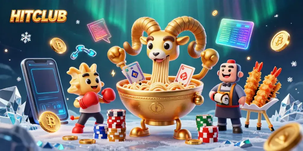HITCLUB features a giant ramen bowl character surrounded by vibrant casino elements and crypto coins.