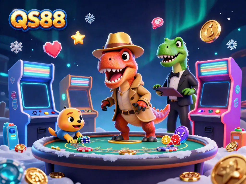 QS88 features a playful velociraptor card counter at a blackjack table, showcasing vibrant casino elements.