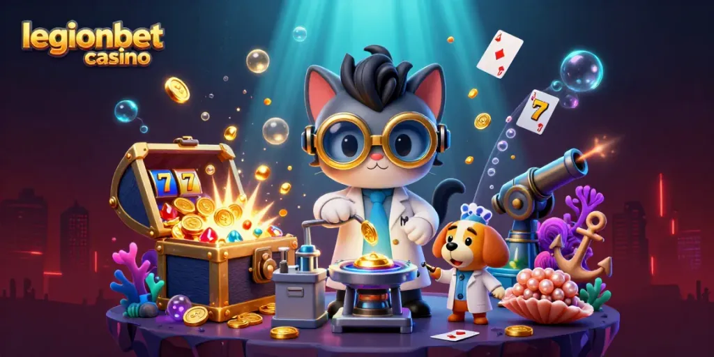 Experience the thrill of gaming at legionbet casino with a mad scientist cat and gold bubbles.