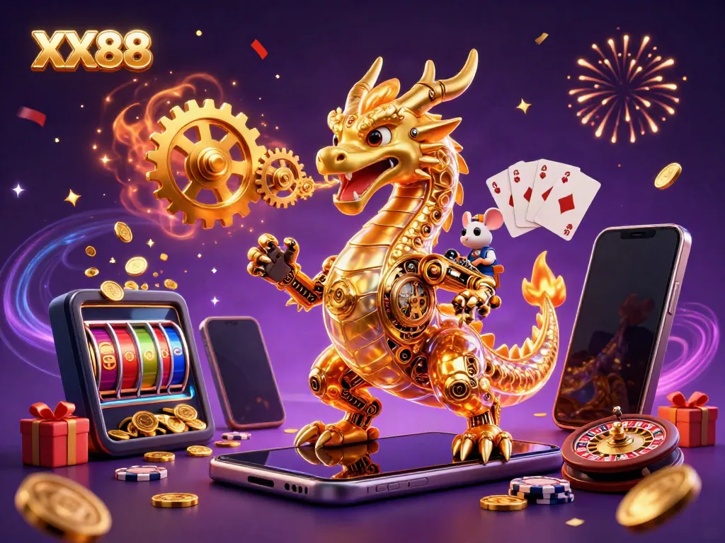 Experience thrilling gameplay at XX88 with a golden dragon, vibrant casino elements, and animated energy.