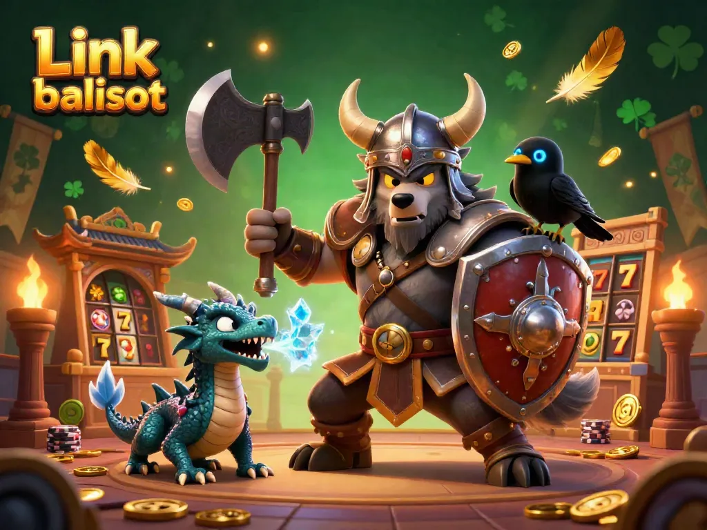 Experience thrilling action with Link balislot as contenders battle in a vibrant 3D casino world, featuring a Viking warrior and dragon.