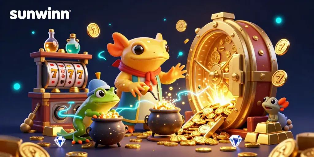 Experience the thrilling world of Sunwinn where a golden salamander alchemist transforms metals into coins amidst vibrant slot game elements.