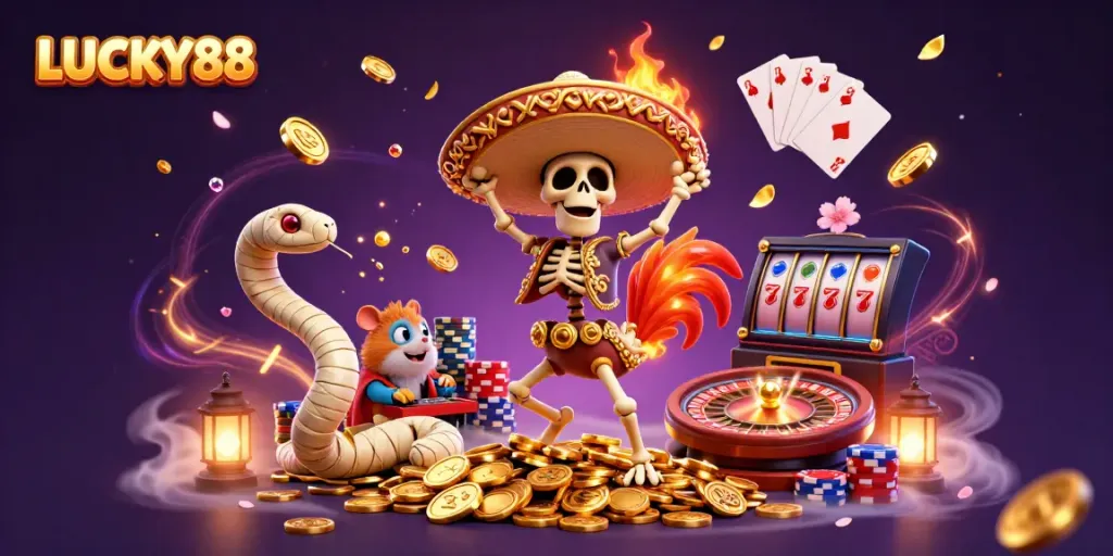Experience winning moments at LUCKY88 with colorful casino characters surrounded by vibrant gaming elements.