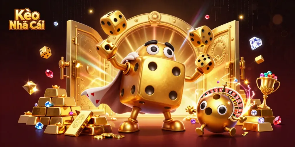 Engage with Kèo Nhà Cái through exciting bets as golden dice and jewels illuminate the scene.