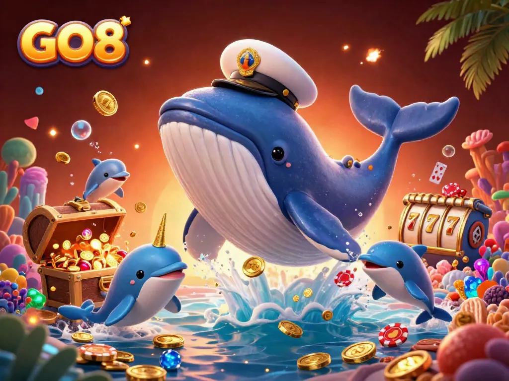 Engage with GO8 in this vibrant scene featuring a whale, poker chips, and underwater treasures.