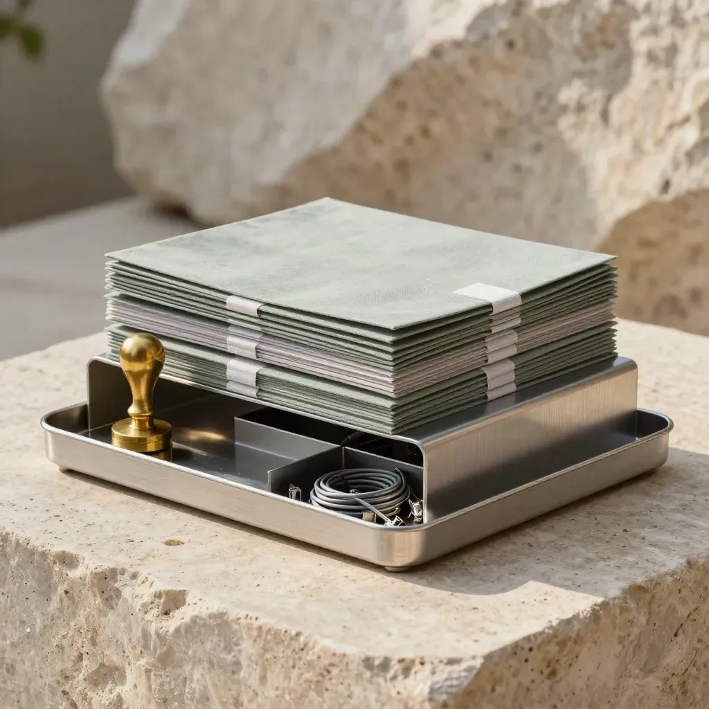 Brushed aluminium workflow tray, blank folders, brass stamp and connector loops on limestone.