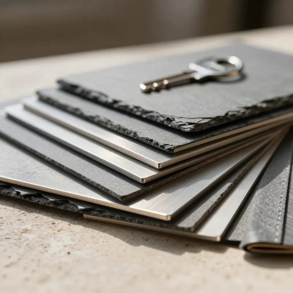 Slate swatches, brushed aluminium strips and a folded sample case in dramatic macro light.