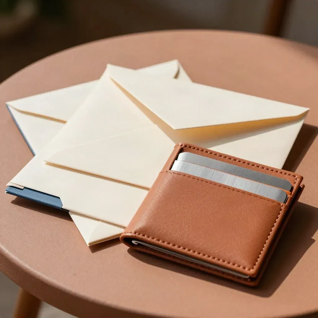 Overhead still life of onboarding folders, blank envelope sleeves and card wallet on terracotta plaster.