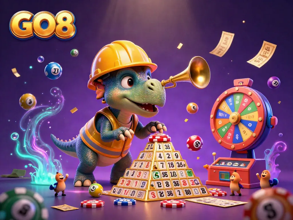 GO8 casino scene with triceratops and parasaurolophus celebrating amidst colorful lottery elements and poker chips.