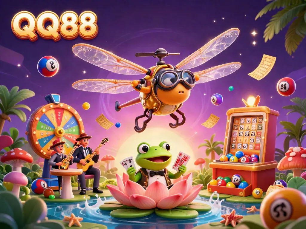 Experience excitement at QQ88 with a dynamic 3D scene of a helicopter pilot and frog dealer amid colorful betting elements.