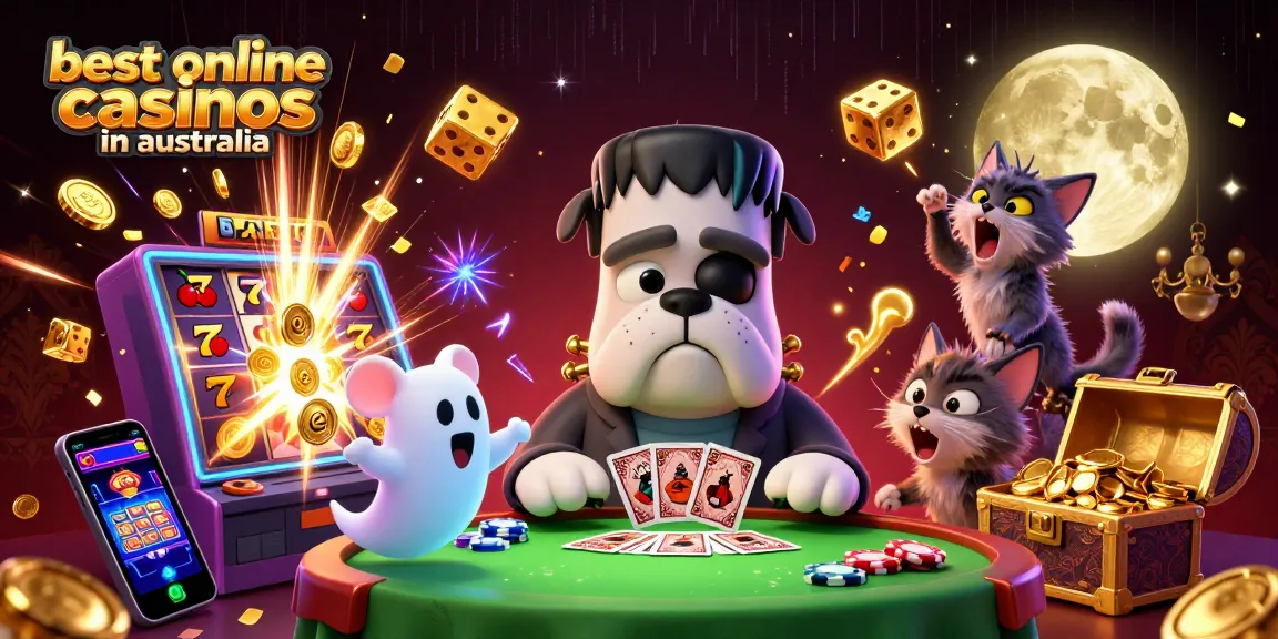 The vibrant scene showcases the best online casinos in Australia with lively characters and exciting gameplay.