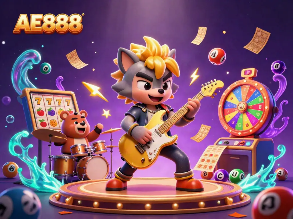 Experience the thrill of AE888 with a dynamic casino scene featuring a rock star wolf and drummer bear.