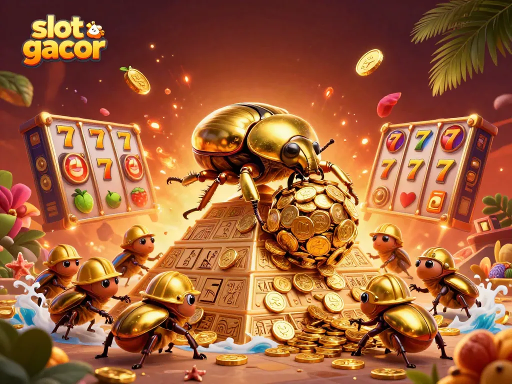 Experience the excitement of slot gacor with a vibrant 3D scene featuring beetles and casino elements.