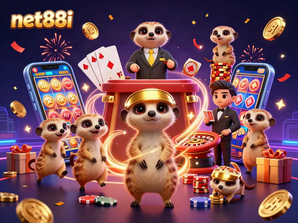 Experience the excitement of net88i with meerkats managing a vibrant casino scene filled with games and winnings.