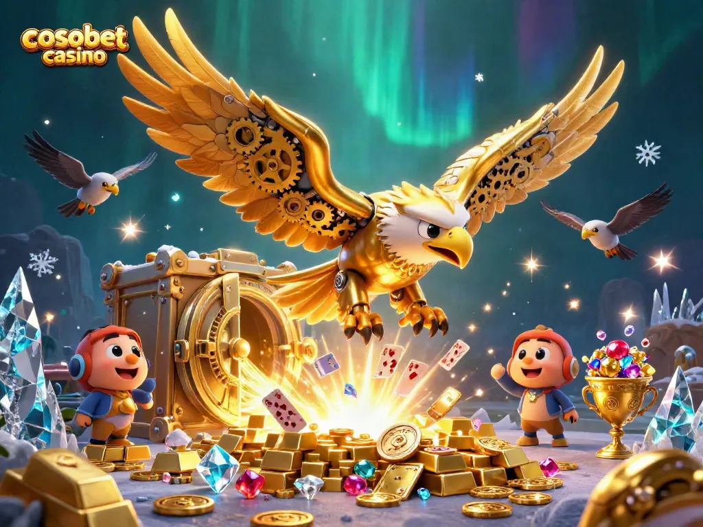 Experience the excitement of cosmobet casino with a 3D golden eagle soaring through holographic playing cards.