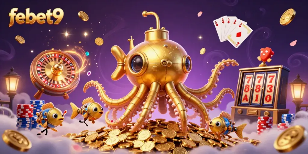 Experience fun casino action with febet9 through mechanical fish and golden kraken in an underwater treasure scene.