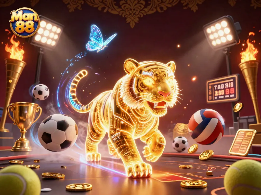 Experience the thrills of Man 88 with a vibrant 3D illustration showcasing dynamic sports betting action.