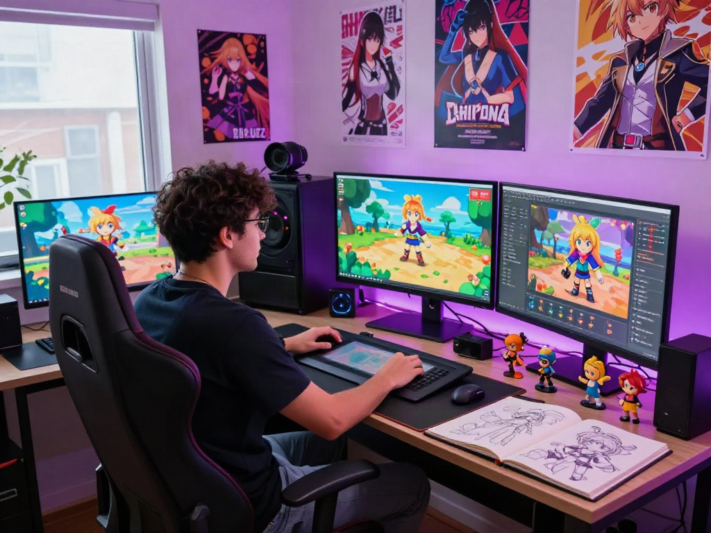 Creative game developer designing colorful hentai games in a lively digital art studio.