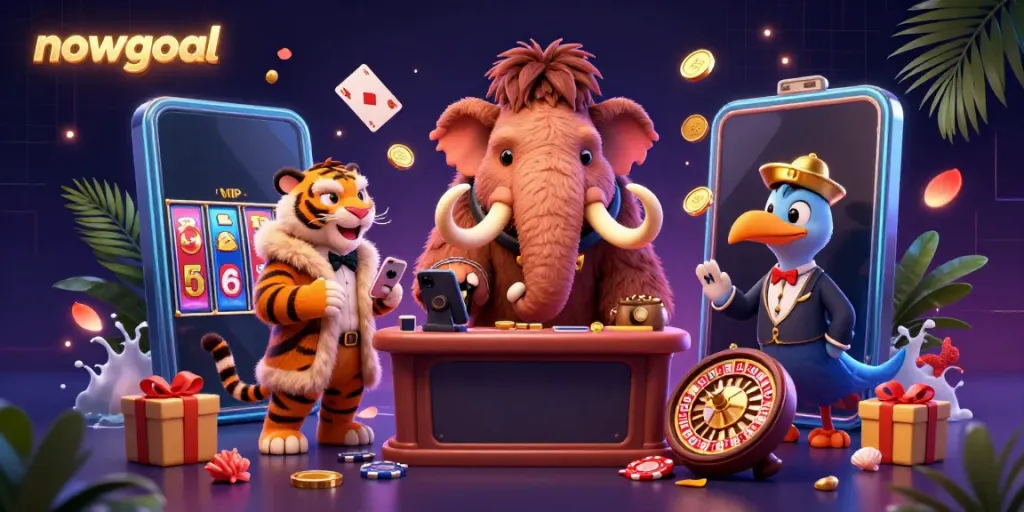 Experience the nowgoal excitement with a vibrant scene featuring a woolly mammoth bouncer and gambling elements!