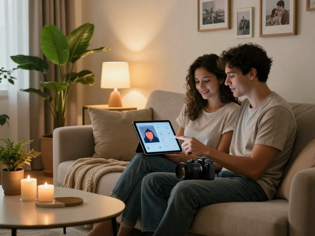 Couple exploring AI sex technologies on a tablet, intimate living room setting with warm lighting.
