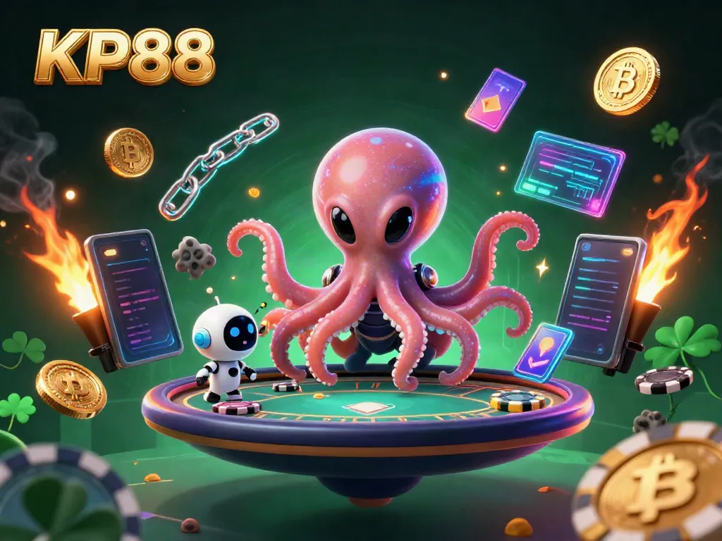 Experience KP88 with a vibrant scene featuring an alien octopus, poker elements, and crypto coins.