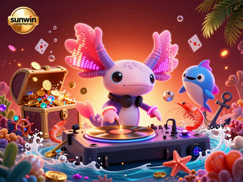 Engage with the excitement of sunwin centralized net in a vibrant 3D underwater casino scene featuring an axolotl DJ.
