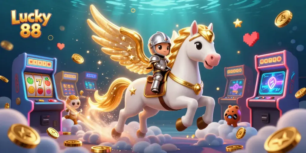 Engage in thrilling gameplay with Lucky 88 as a celestial knight rides through a vibrant casino atmosphere.