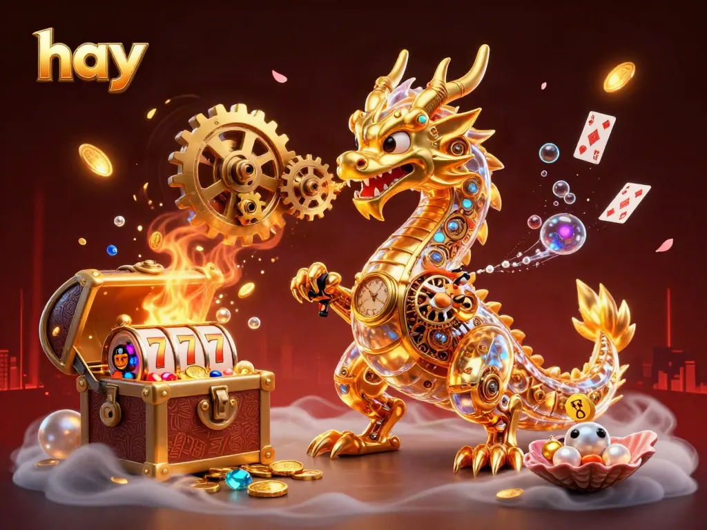 Engage with hay-themed slots featuring a golden dragon and vibrant casino elements in this 3D illustration.