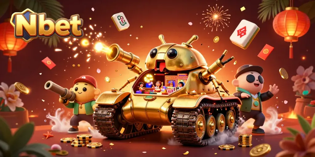 N bet showcases a vibrant 3D casino scene with a golden beetle tank and festive elements.