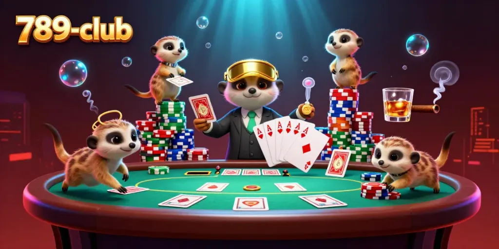 Play at 789-club with animated meerkats managing an exciting casino scene filled with vibrant colors and gambling elements.